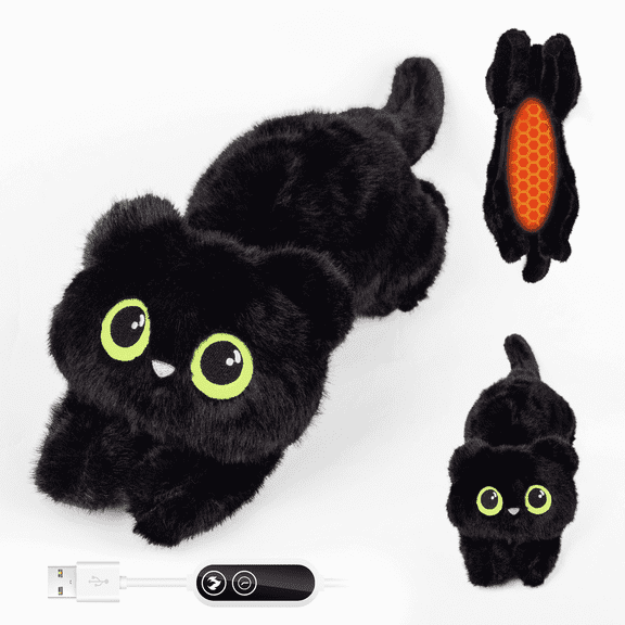 Cat Heating Plush, USB Powered Heated Plush Toy, Portable Warm Cushion Gift for Women Teen Girls, Black