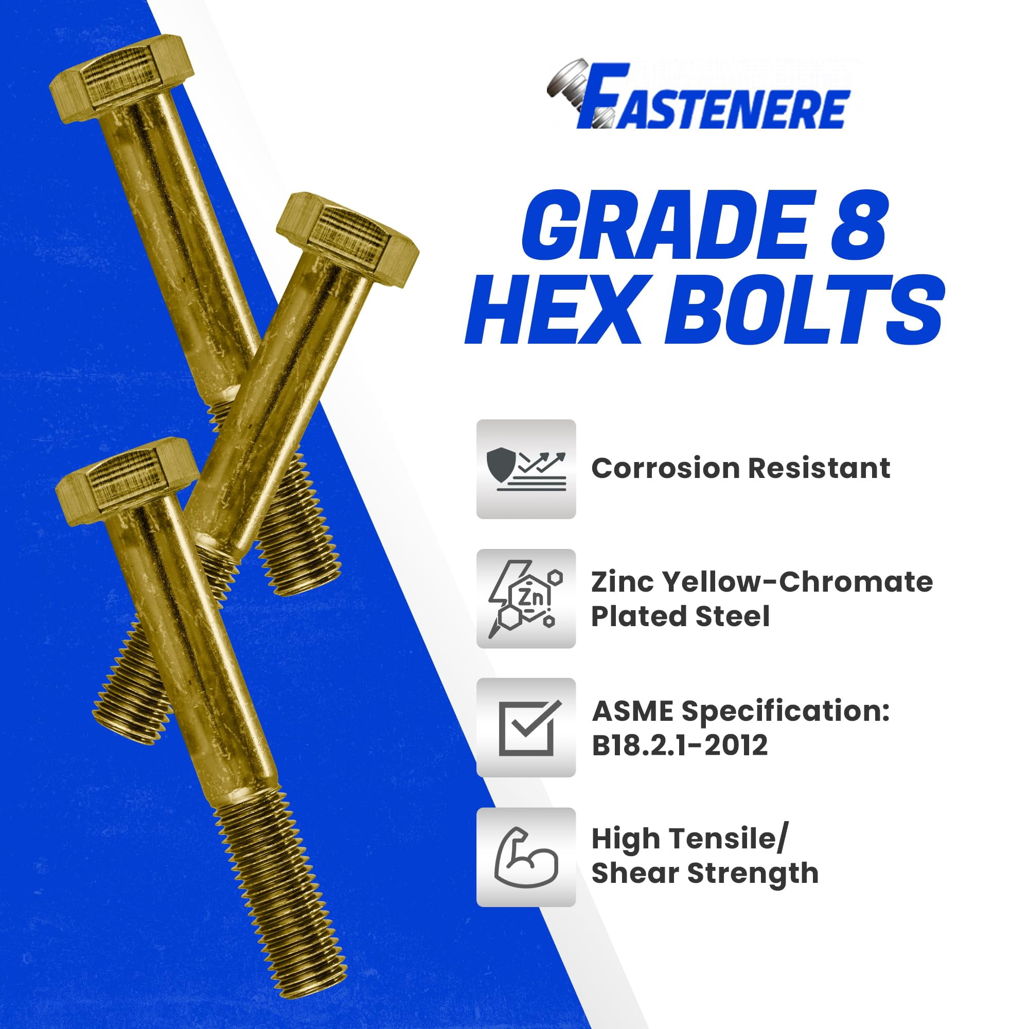 Fastenere 5/16"-24 x 2-1/2" Hex Bolts Grade 8 Zinc Yellow-Chromate Plated Steel, Partial Threaded Durable Hex Bolts for Machinery & Construction, Rust-Resistant, Heavy-Duty Fasteners, Pack of 25