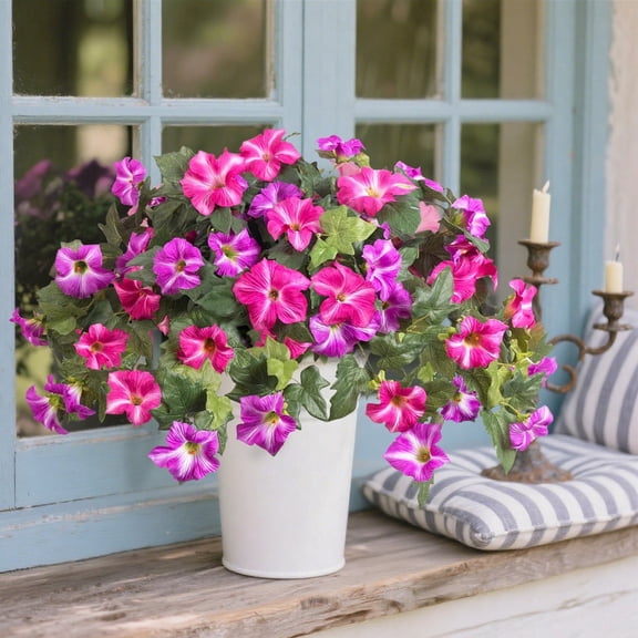 Homwamee 2 Bundle Artificial Fake Flowers Plants Pink, Faux Petunias Silk Flower UV Resistant No Fade Floral   for Outdoor Hom Decoration