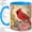 Blue, variant on Red Cardinal Floral Coffee Mug, Cardinal Mug, Morning Tea Cup for Home, Bright Songbird on Branch with Pink Flowers and Golden Sunburst Rays, Garden Bird Art, Backyard Nature Lover