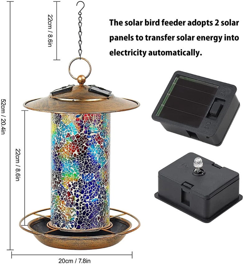 EpicGadget Outdoor Wild Birds Feeder with Fairy Solar Lights Hanging for Outside, Mosaic Lantern Design Solar Birdfeeders Hanging Lantern for Garden Yard Outdoor Decoration, Gift Ideas for Bird Lovers