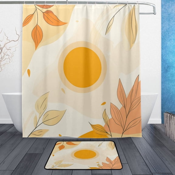 Bath Curtain & Non-Slip Bath Mat Set 12-Grommet Shower Curtain Memory Foam Bath Rug Yellow Sun and Leaves
