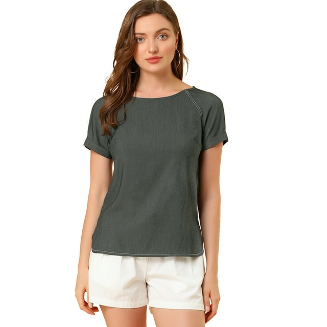 Top de cambray Allegra K con aberturas laterales y mangas raglán para mujer Gris negro S