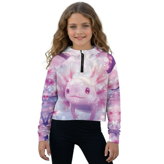 Xoenoiee Axolotl Cherry Blossom Print Crop Top for Teen Girls Cropped Hoodie Long Sleeve Zip Up Jacket Workout Hooded Sweatshirt Y2K Girls Coats Clothes, 13-14 Years