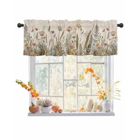 Rod Pocket Window Valances Fall Pastoral Floral Ferns Plant Short Kitchen Curtains Autumn Landscape on Linen Window Treatment Drapes for Bedroom Bathroom Living Room 54x18In 1 Panel