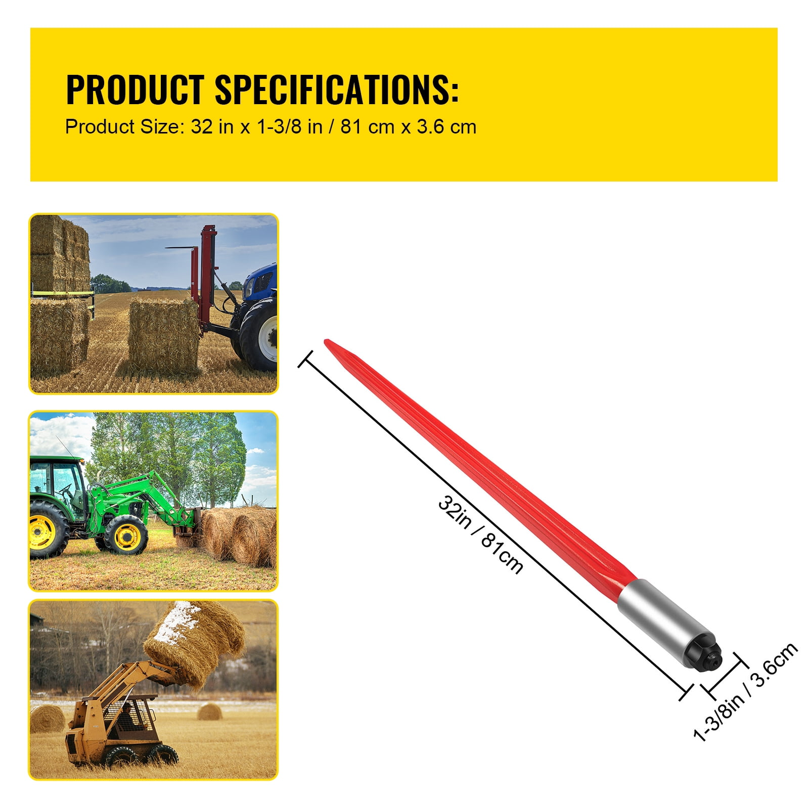 KFFKFF Hay Spear 32" Bale Spear 1350 lbs Capacity, Bale Spike Quick Attach Square Hay Spear Conus 1 3/8" Wide Coated Bale Forks with Hex Nut & Sleeve for Bobcat Tractors (Red)