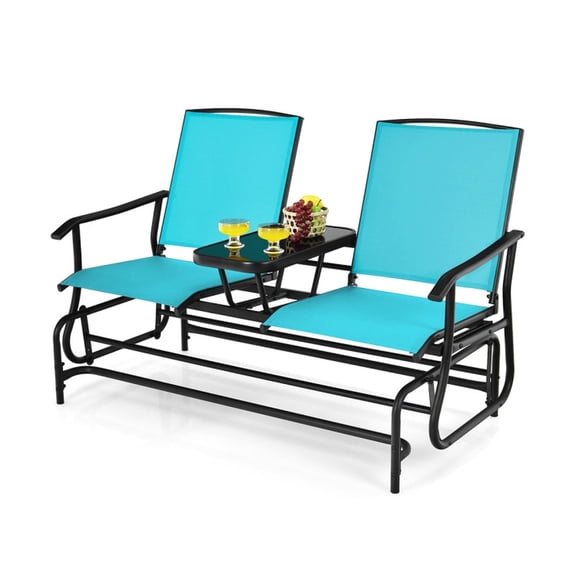 Biotree Outdoor Loveseat 2-Person Double Rocking Loveseat with Mesh Fabric and Center Tempered Glass Table for Patio Porch and Backyard as a Cozy Patio Sofa, Turquoise