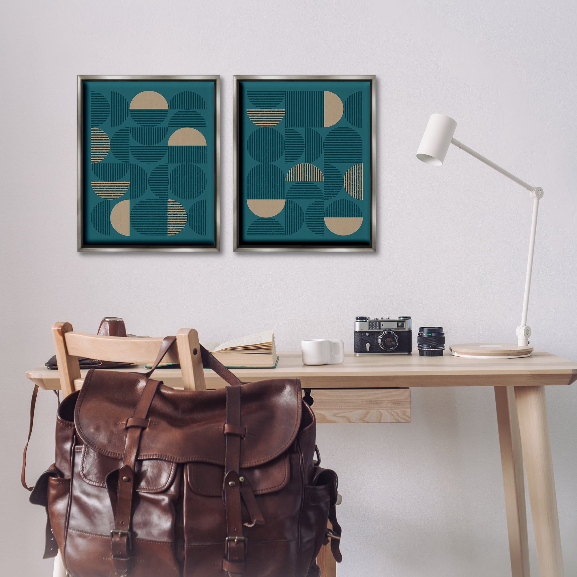 Stupell Industries Minimalist Teal Geometric Abstract Painting Gray Floater Framed Canvas Art Print Wall Art, 17 x 21, Set of 2