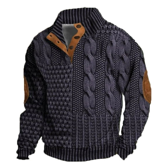 VNKIDY Sweatshirts 2025 Autumn/Winter Men's Fashion Casual Patchwork Printed Imitation Knitted Sweater Fabric Half Zip Round Neck Hoodie Male Long Sleeve Pullover Streetwear Relaxed Fit