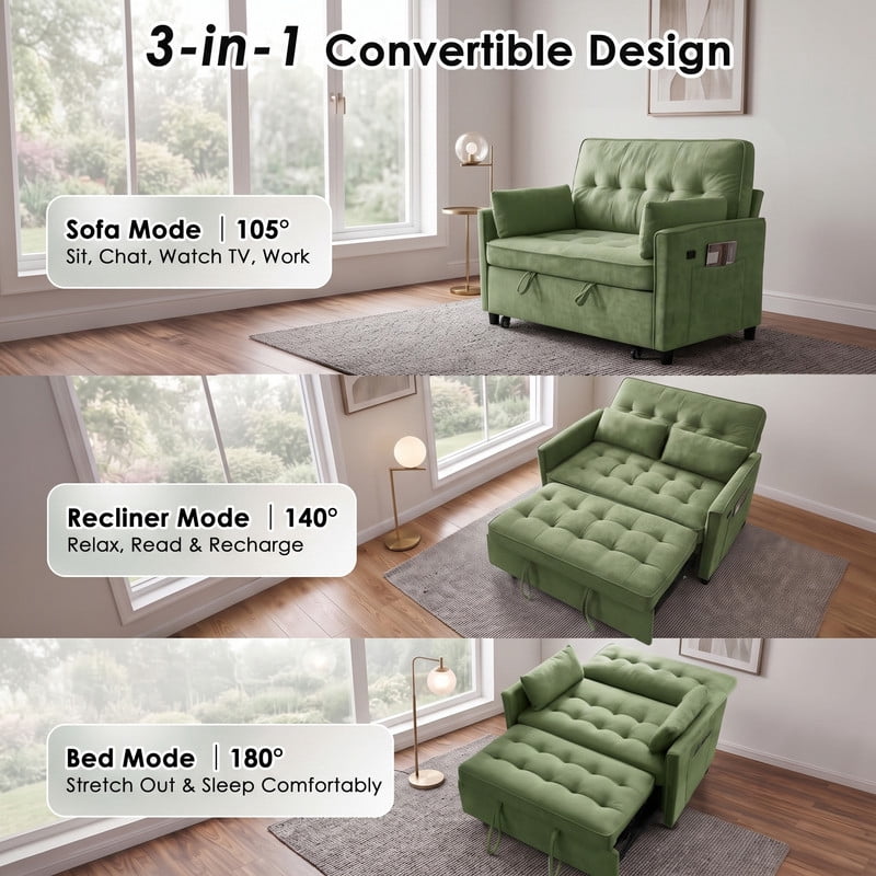 Anpport 54" 3‑in‑1 Convertible Sofa Bed, Towel Fabric, 3‑Position Adjustable Backrest with USB Charging Ports, for Living Room, Apartment, Green