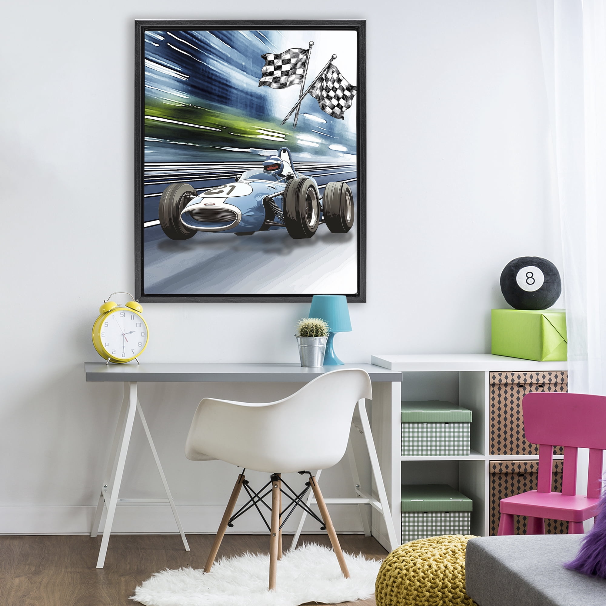 Stupell Industries Speedy Racecar with Flags Black Framed Floater Canvas Wall Art, design by Christine Simpson Art