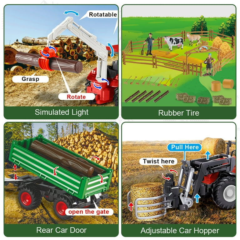Fisca 4 in 1 Remote Control Farm Planter Tractor Set Toys with 4