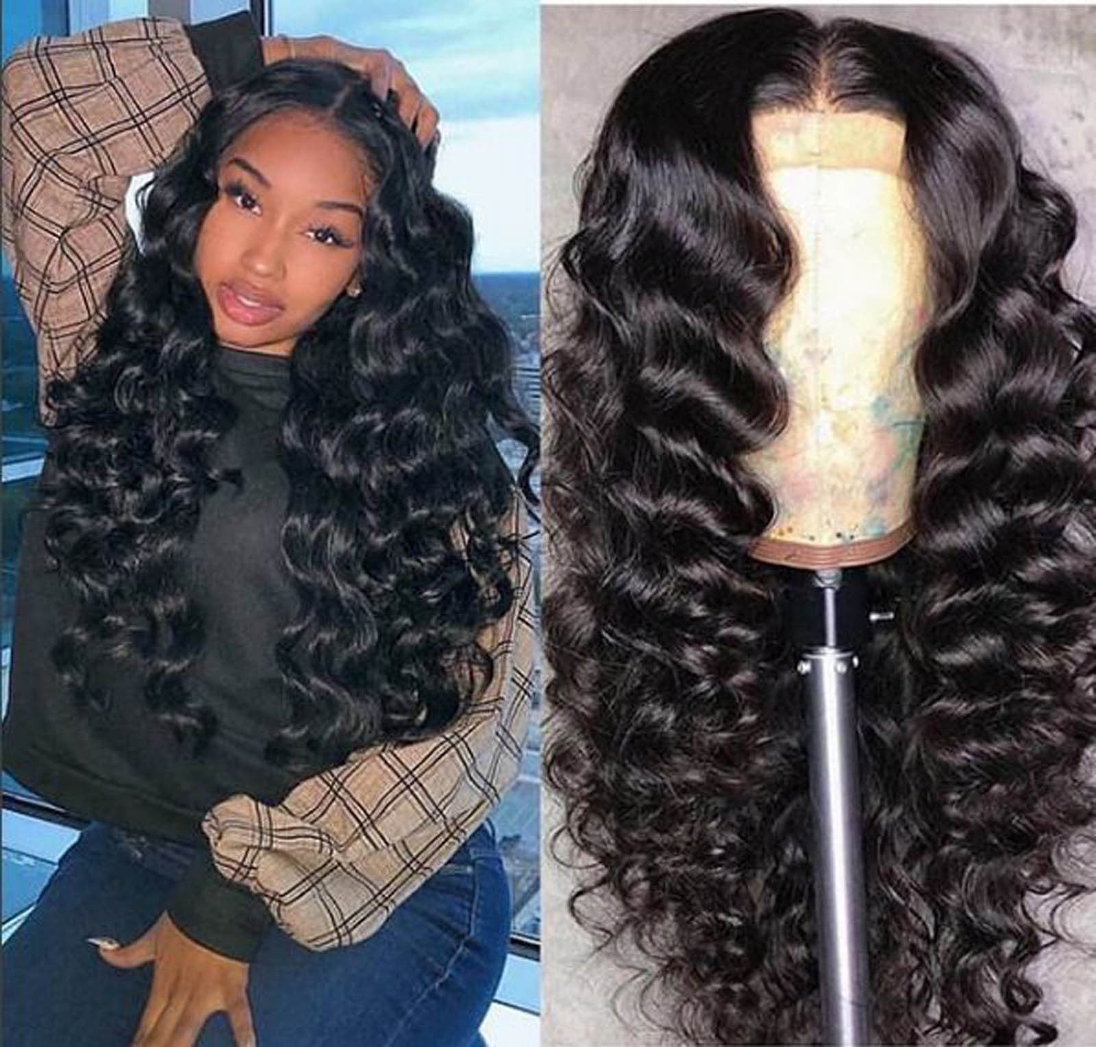 Long Wavy Brown Wig with Bangs for Women, Synthetic Heat Resistant Hair Wig for Daily Wear and Party Use(Black,One Size)