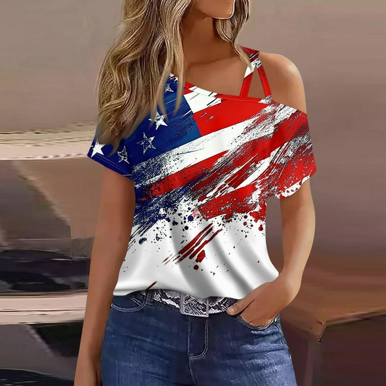 4Th Of July Outfits For Women, Summer Casual Cold Shoulder Sexy Short  Sleeve T-Shirt American Flag Top Shirts Women Outfits Shirt Womens Tops Outfit  Fourth Tank Tops Shirts (XL, Red) ZMTing -