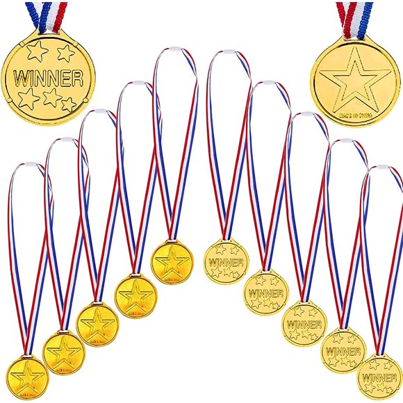 HSHDLDF 12 Pack Gold Winners Medals, Game Medals Winner Award Medals Prizes Medals Star Party Favours Medals Plastic Gold Medals Olympic Style Medals with Ribbon Necklaces for Children Kids School S