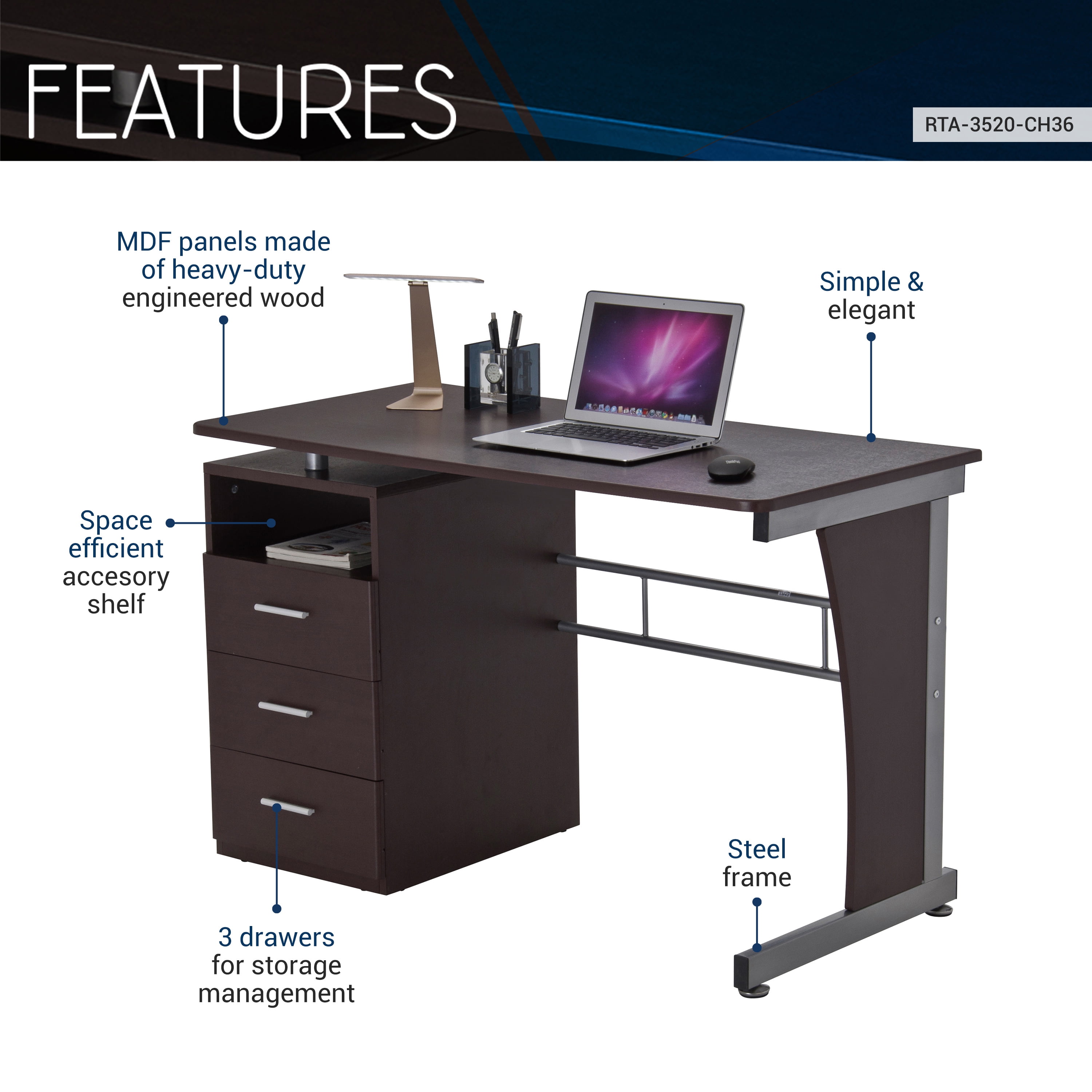 Techni Office Solutions 47.5" Chocolate Brown Computer Desk with Ample Storage