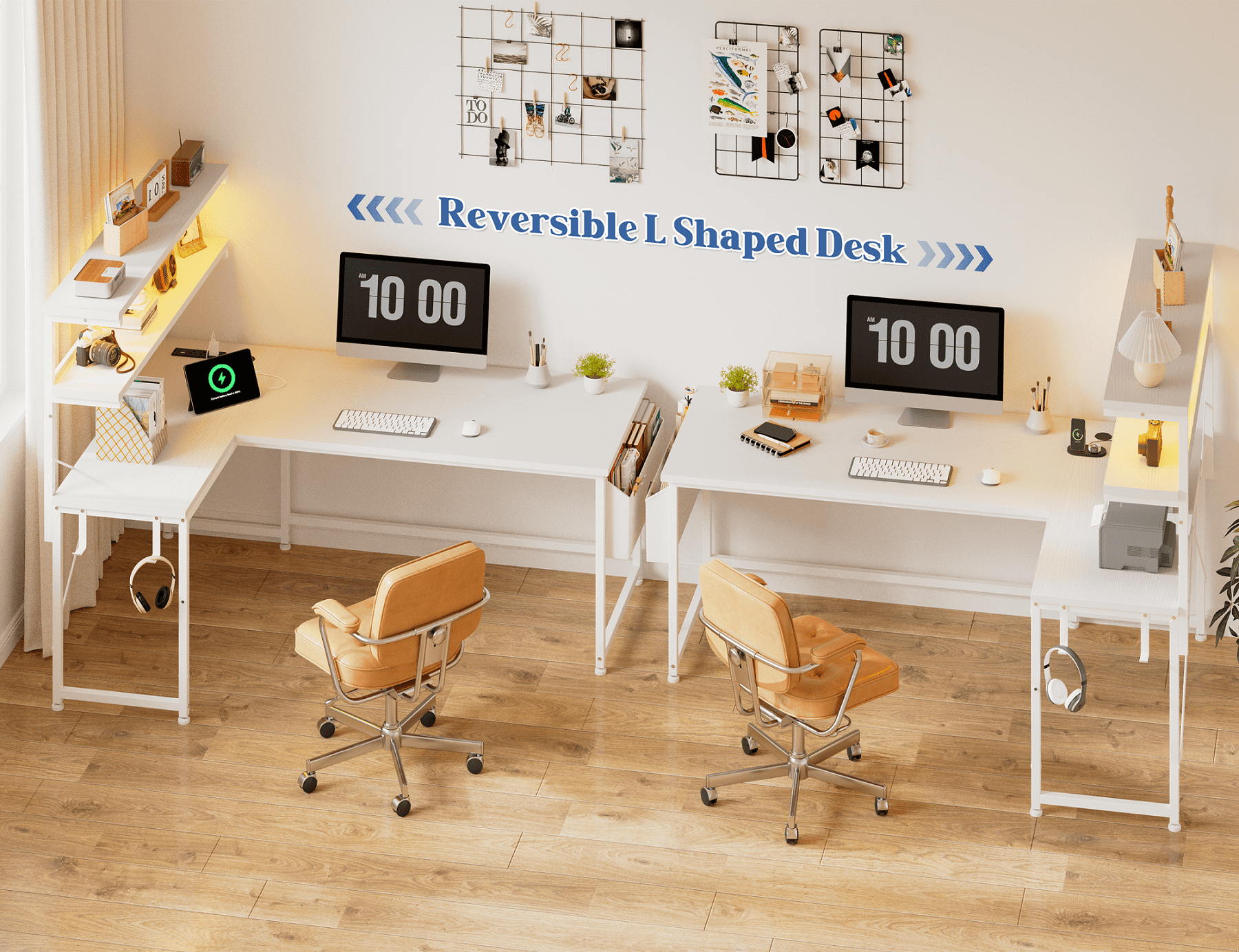 Romorgniz L Shaped Computer Desk with LED Lights & Power Outlet, Reversible 53"W Gaming Desk with Storage Shelf, Side Bag, Hooks for Home Office, White