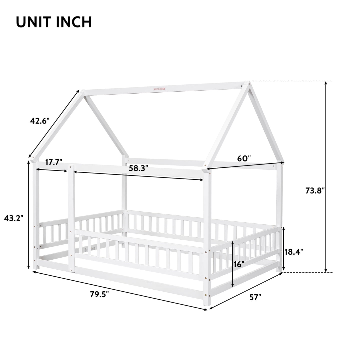 Full Size Floor Bed Frame with Roof, Wooden Montessori Bed with Fence Guardrails, No Slats Included, Natural