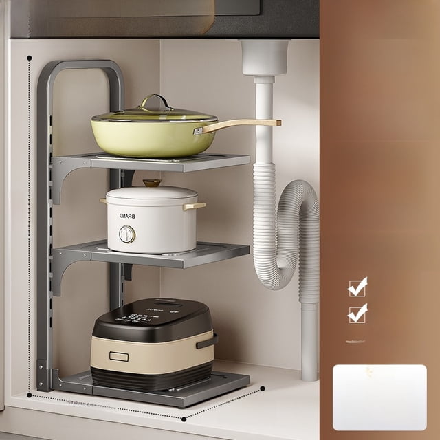 Heavy-Duty Carbon Steel 3-Tier Square Kitchen Organizer: Waterproof Under-Sink Storage Rack for Pots, Utensils & Kitchenware – Space-Saving Multifunctional Design with Easy Installation and Elevated