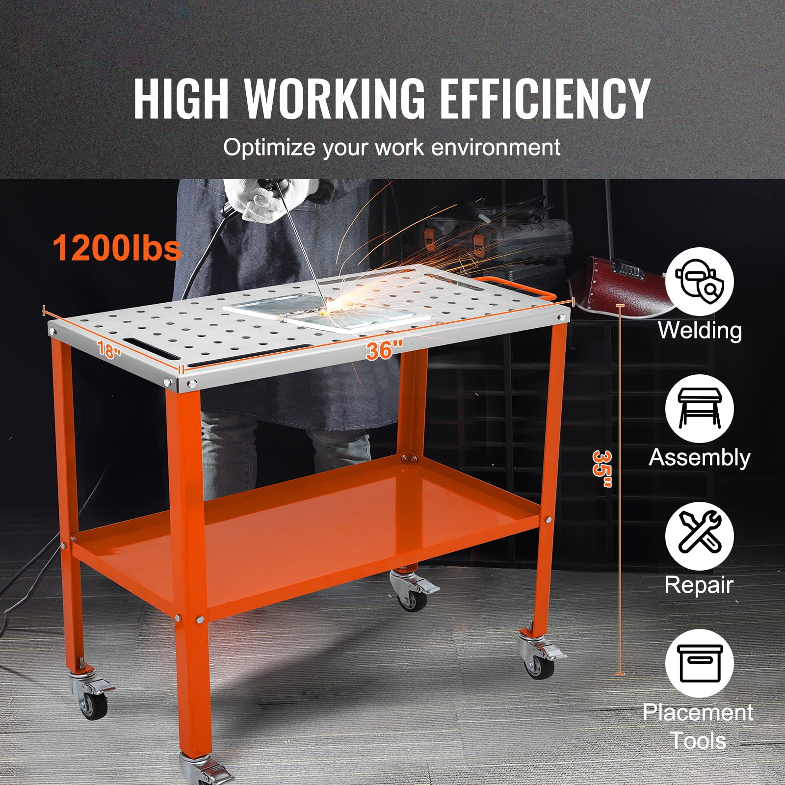 KFFKFF 36x18-inch Steel Welding Table, Supports up to 1200lbs, Mobile Workbench with Brake-Enabled Locking Casters, Includes 4 Tool Slots, 5/8-inch Fixture Holes & Tool Tray