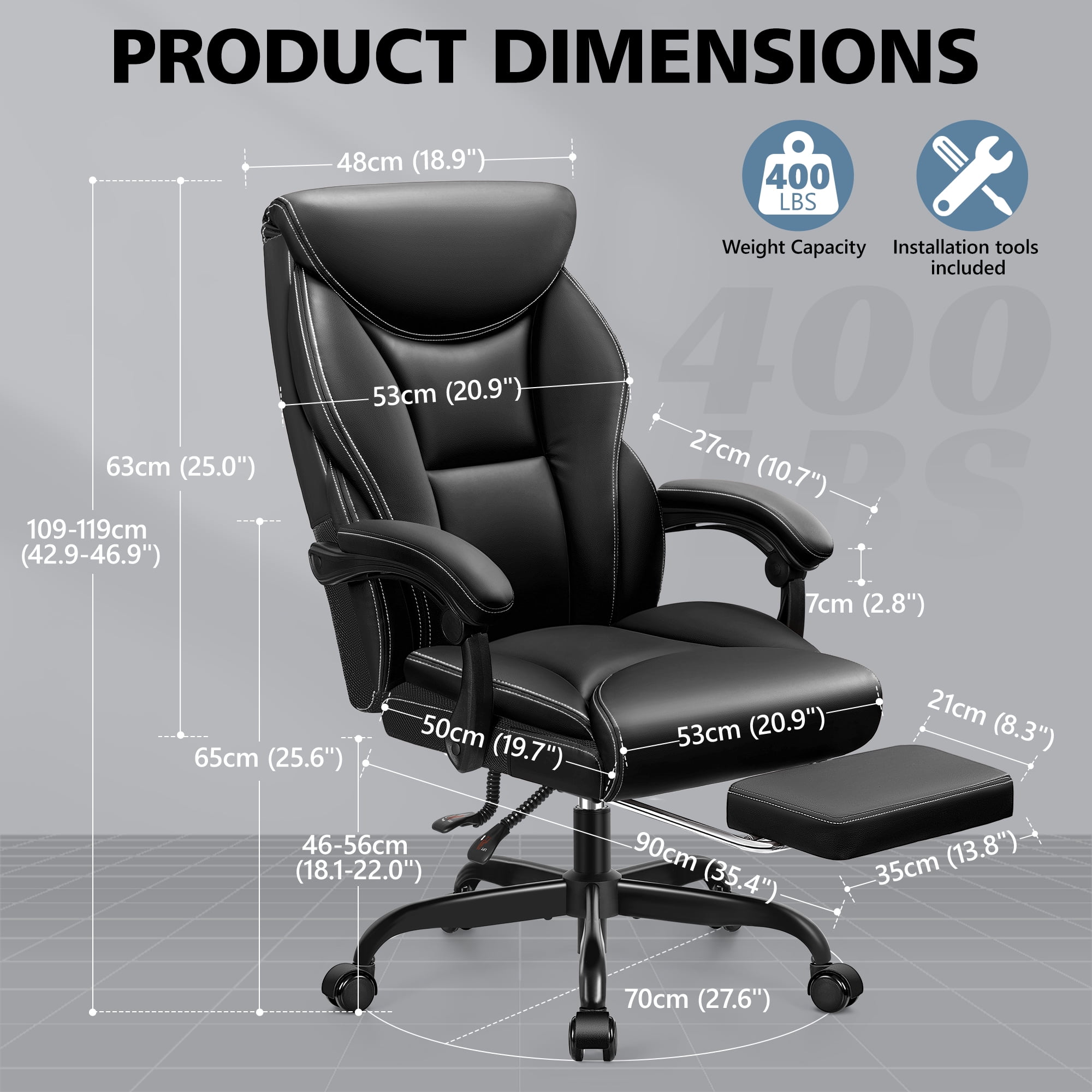 ATHOPE Executive Office Chair, 500lbs Big and Tall Leather Desk Chair with Footrest, Adjustable Height, Ergonomic Computer Chair with Lumbar Support For Home Office, Black