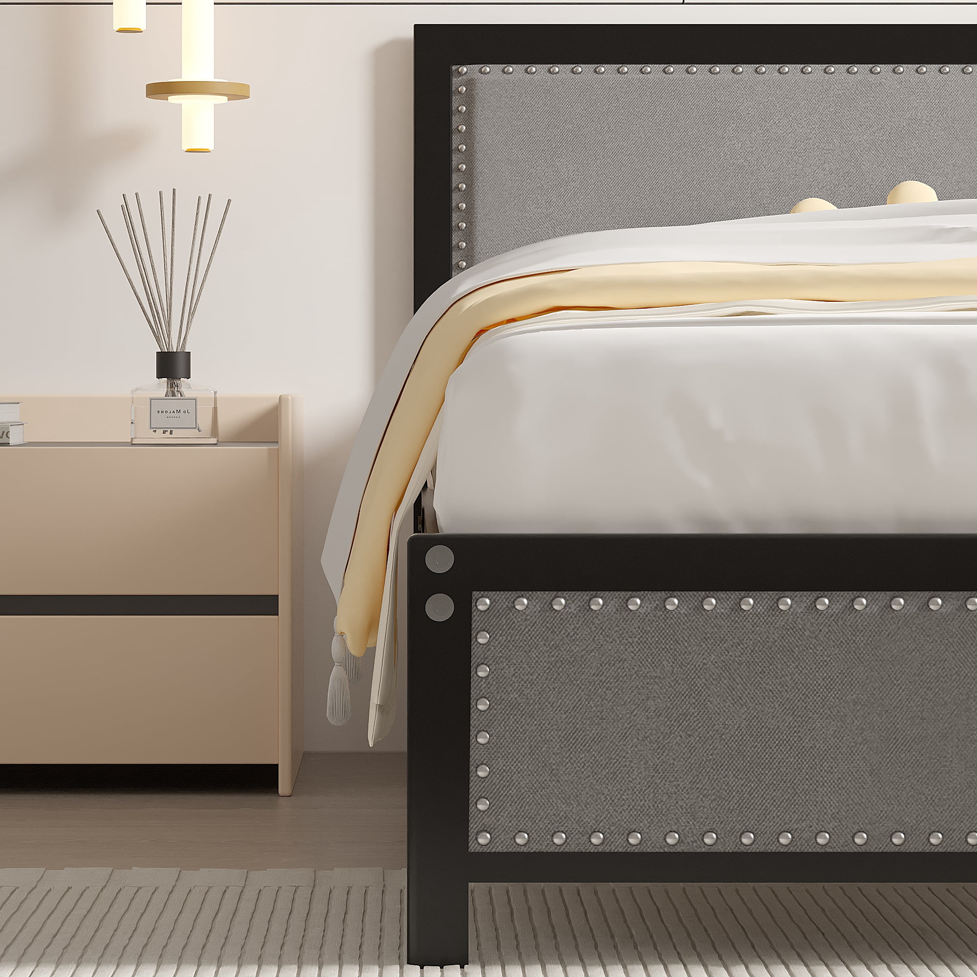 VECELO Twin Size Bed Frame Metal Platform Bed with Upholstered Headboard, No Box Spring Needed, Gray