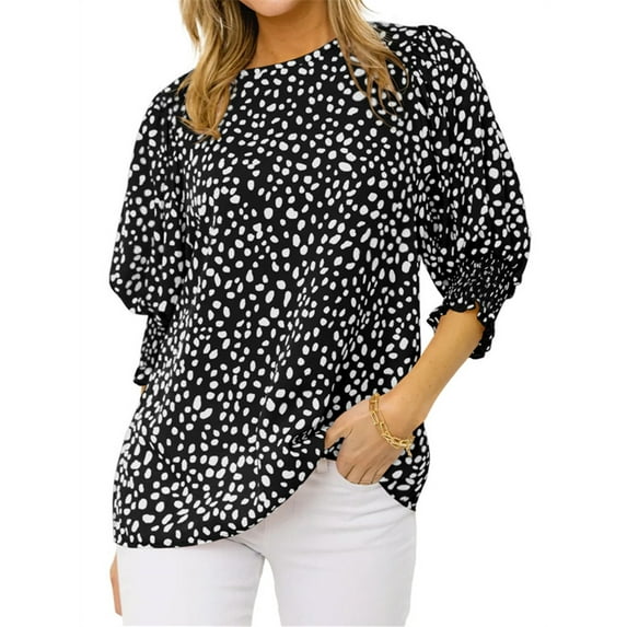 Polka Dots Print Women 3/4 Sleeve Casual Chiffon Blouse Tops