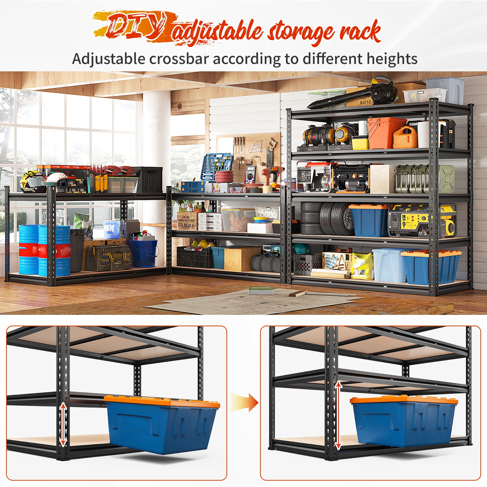 REIBII Adjustable Steel Heavy Duty Garage Storage Shelf , 48" W x 24" D x 72" H, 3020 lbs