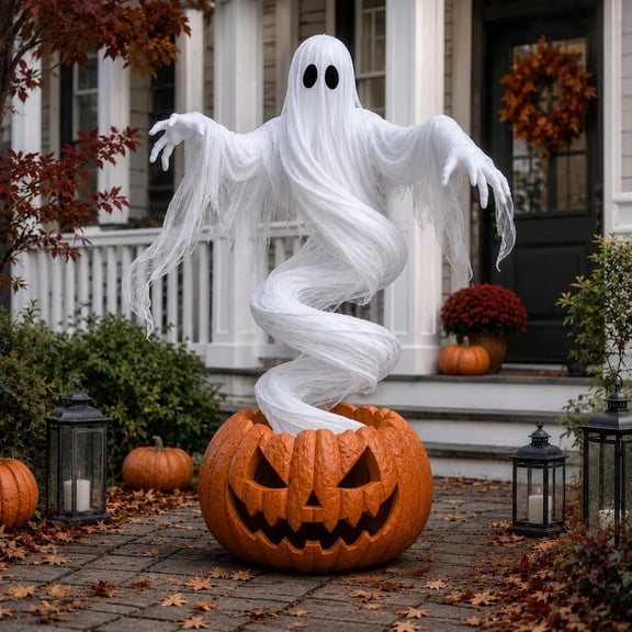 Swirling Ghost Pumpkin Yard Lamp, Light Up Spooky Floating Ghost Jack-O-Lantern Halloween Outdoor Porch Decor for Yard Front Door Patio