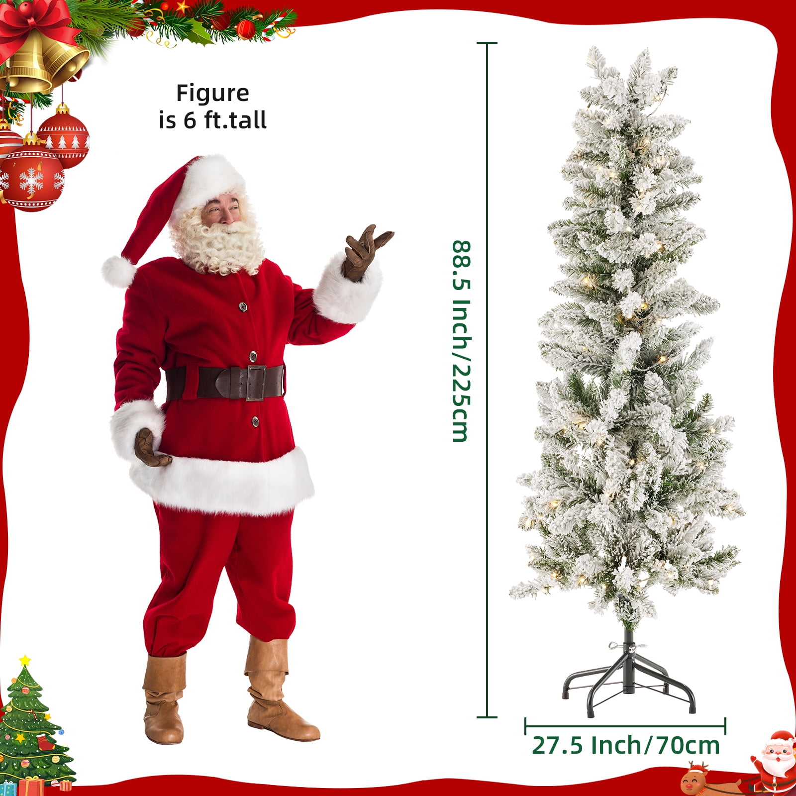 CONCETTA 7.5ft Snow Flocked Pencil Christmas Tree, Prelighted Artificial Christmas Trees with 350 Incandescent Lights, 860 Branch Tips & Foldable Base for Home, Office, Party