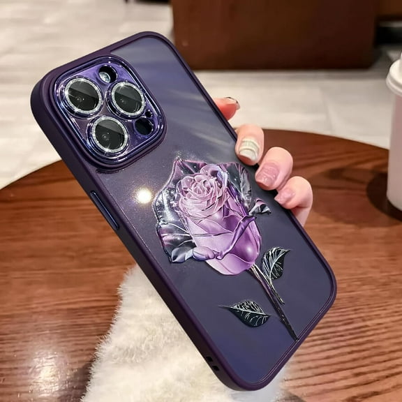 Fairy Rose for iPhone 13 Pro Max Case for Women Girls Built-in Glitter Sparkly Screen Protector Camera Protection Lens Shockproof Rose Floral Pattern Phone Case -Purple