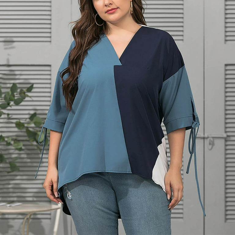 Jerdar Women Summer Tops Women Classic Plus Size Summer Panel Half Sleeve  Loose Tops Blouses Shirt Dark Blue XL