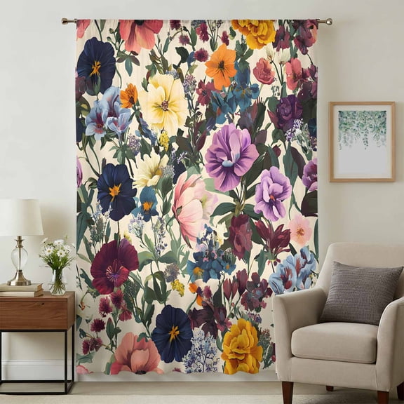 Country Flowers Sheer Curtains 54 Inches Long, Retro Pastoral Colorful Floral Herbs Light Filering Curtains, Breathable Simi Curtain Privacy Drapes for Kitchen Bathroom Small Window Treatment