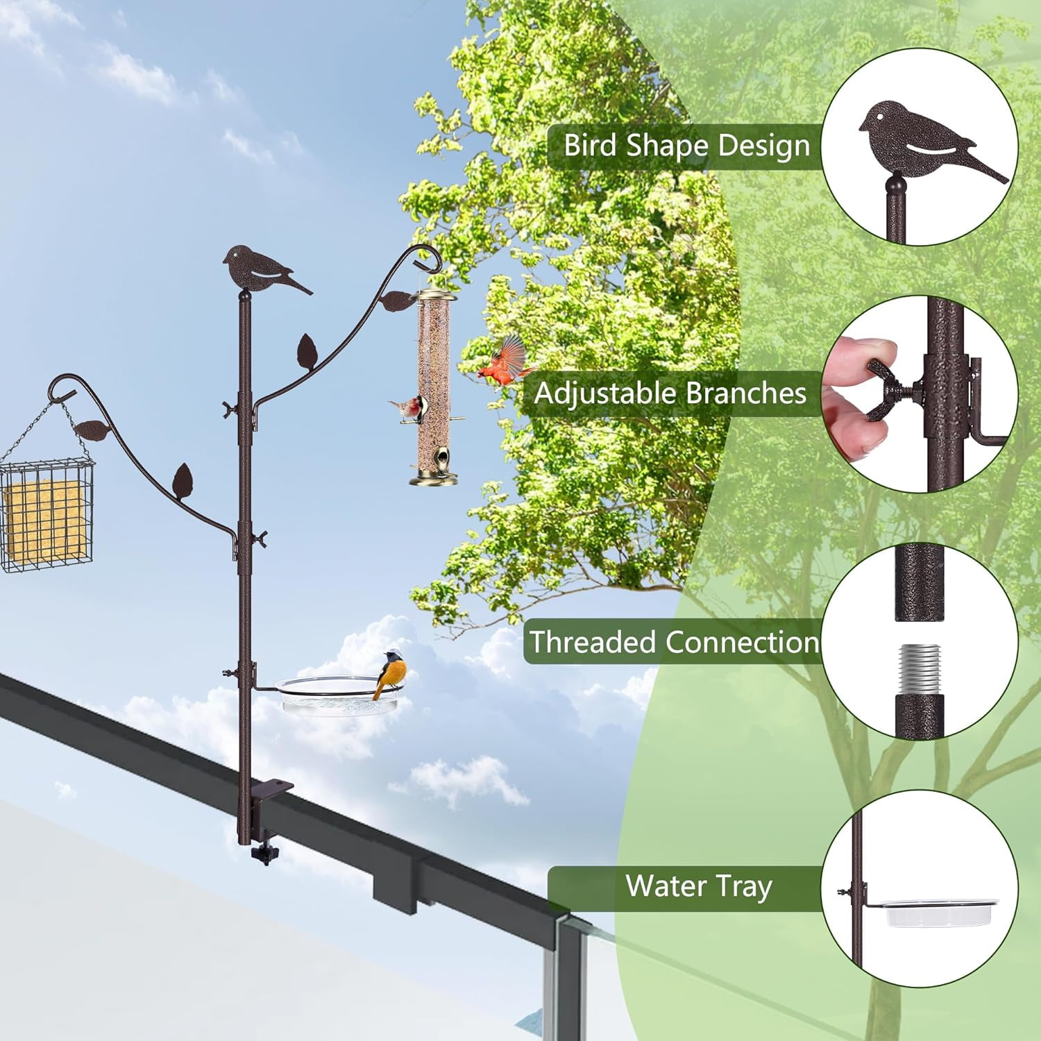6-Hook Bird Feeding Station Kit Wild Bird Feeder Stand Pole, Multi-Feeder Hanging Kit Stand with Water Bowl
