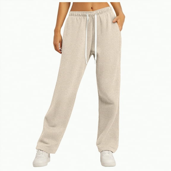 Linfrsh Fleece Sweatpants Women Wide Leg Sweat Pants for Womens High Waisted Baggy Sweatpants Casual Drawstring Workout Pants with Pockets Beige,M
