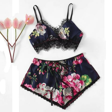 

MRULIC lingerie for women Fashion Lace Satin Trim Floral Bow Lingerie Set Pajamas Babydoll Sleepwear Blue + XL