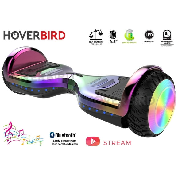 HOVERBIRD ES12 Hoverboard PRO 400W avec Pneus de 6,5" - Certifié UL 2272 avec Bluetooth, Roues LED, Application, Auto-Équilibrage, Lumières avant et Arrière - Arc-en-Ciel Chromé