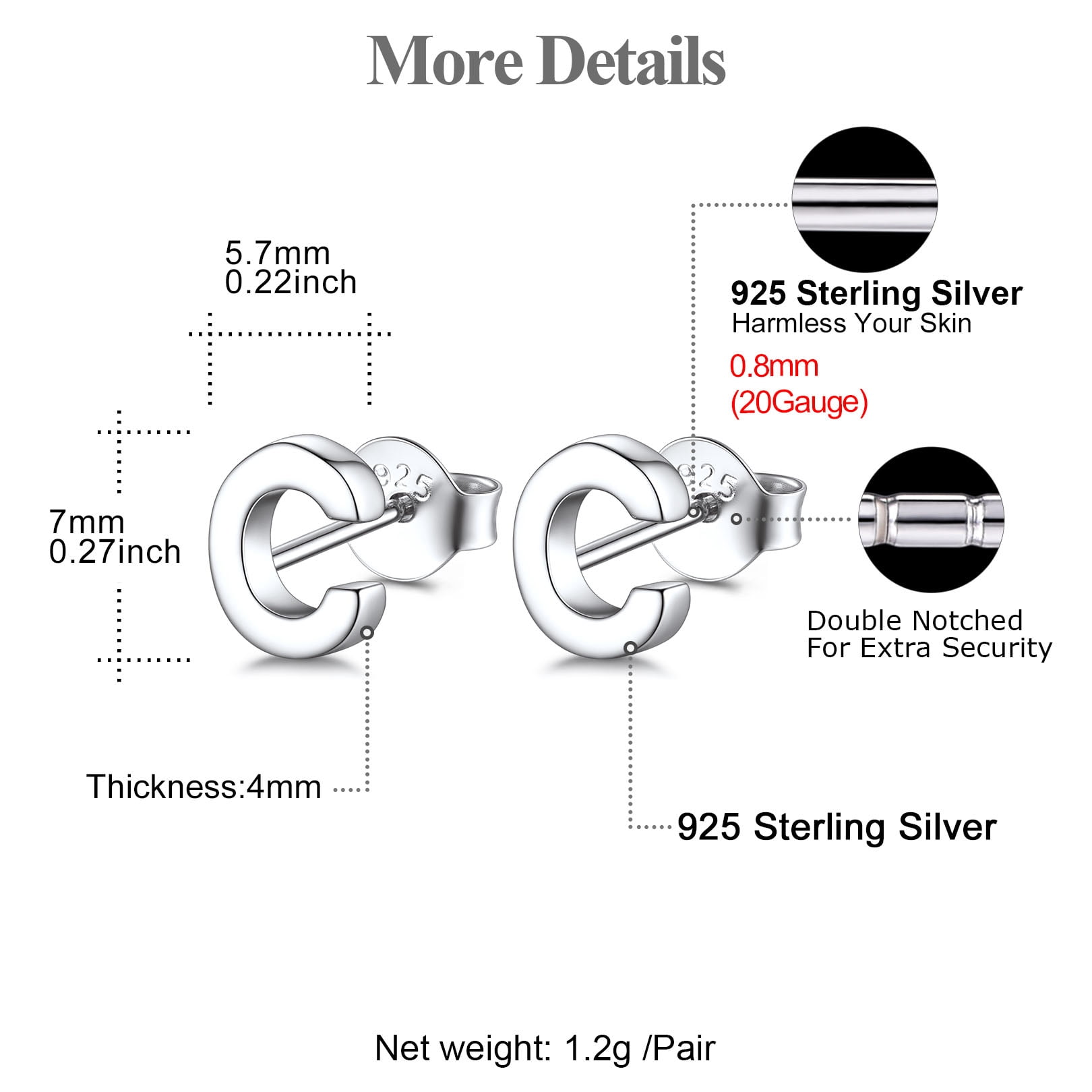 FOCALOOK 925 Sterling Silver Initial Earrings for Women Dainty Tiny Cute Alphabet Letter C Hypoallergenic Minimalist Stud Earrings Jewelry Gift