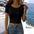 thumbnail image 3 of TGSLY Women's Scalloped Lace Neckline Crop Tops Dressy Casual Ribbed Knit Crew Neck Short Sleeve Tees Shirt Fitted Slim Fit Solid Color Blouse XXL, 3 of 7