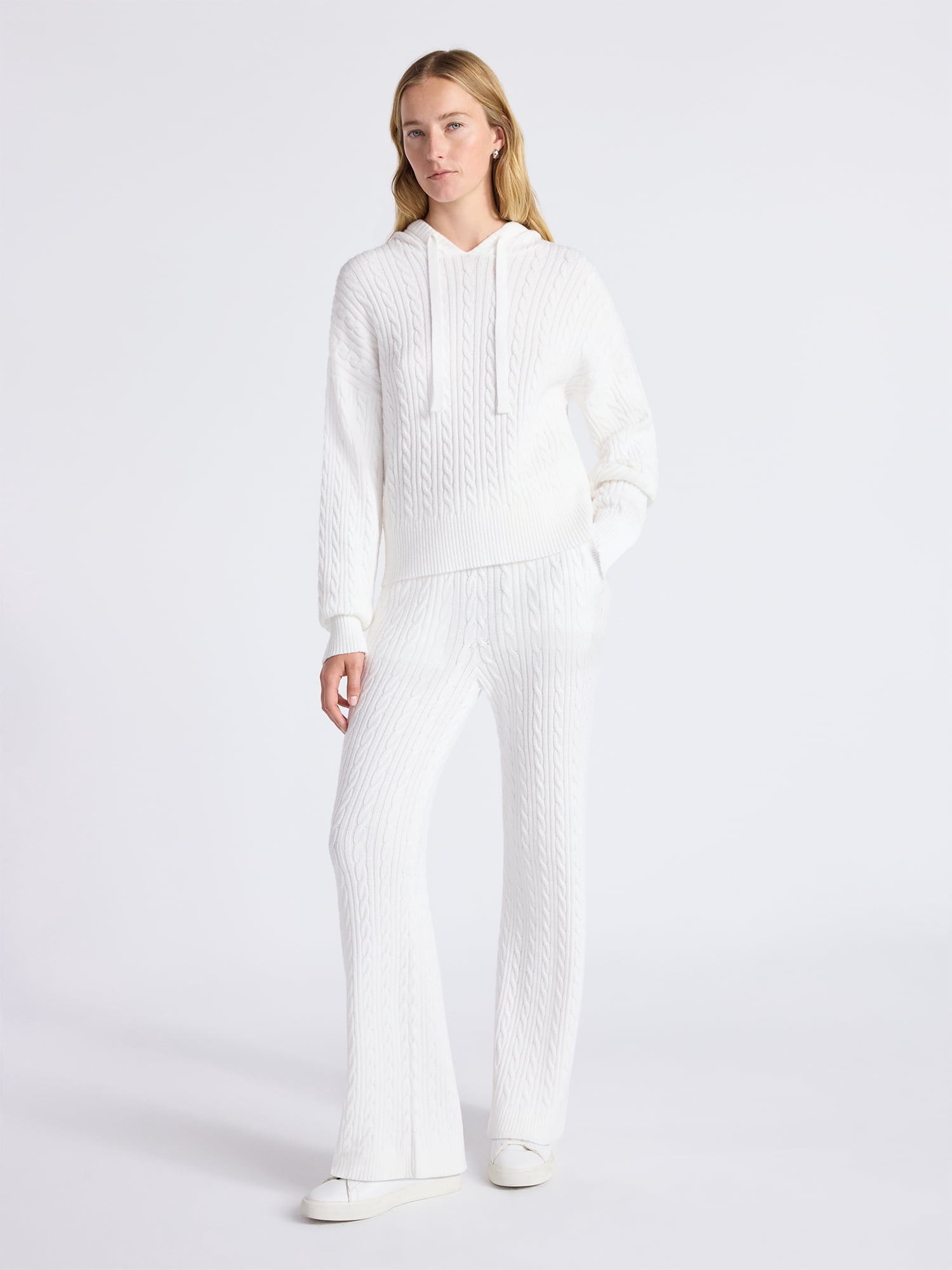 Free Assembly Women's Cozy Yarn Cable Knit Hoodie Sweater, Midweight, Size XS-XXL