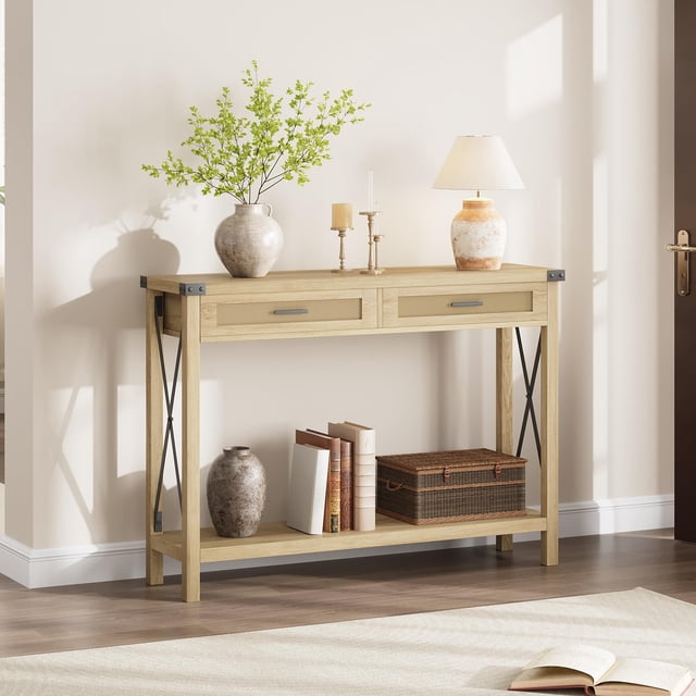 Yeshouse Mesa de entrada estilo granja, mesa consola gris con cajones de ratán, mesa auxiliar de sofá de 43" con almacenamiento, mesas consola para entrada, sala de estar y pasillo