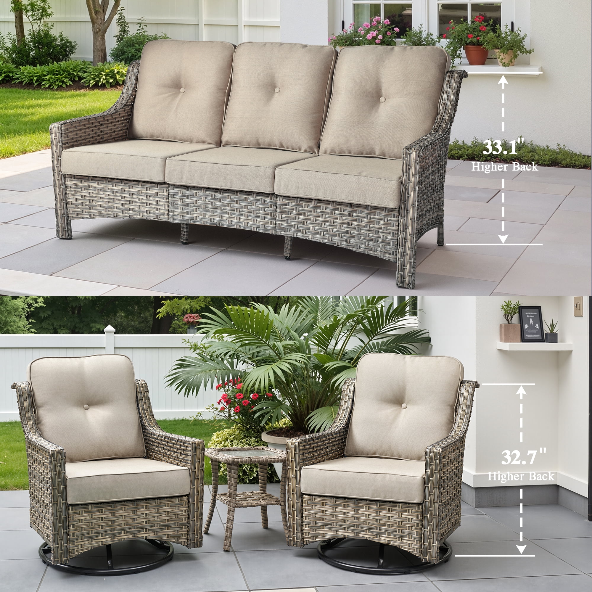 Ovios 5 Pieces Outdoor Patio Furniture Set High-Back Rattan Wicker Conversation Set Outdoor Sectional with Swivel Chairs & Solar Light Coffee Table, Beige