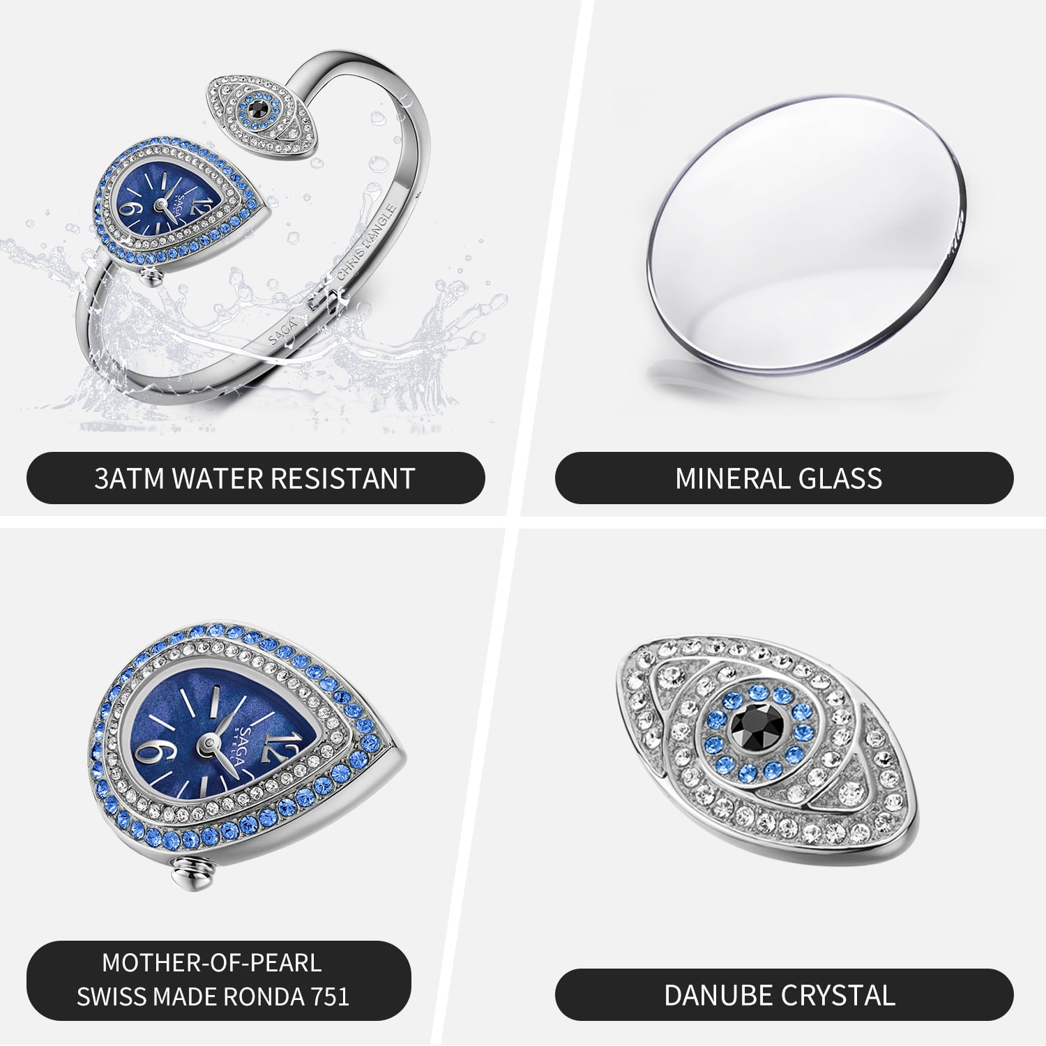 Watches for Women SAGA Angel's Eye Swiss Ronda Quartz Bracelet Watch, 129 Crystals, Teardrop Dial, Silver Blue, Casual Elegant, Gift for Women