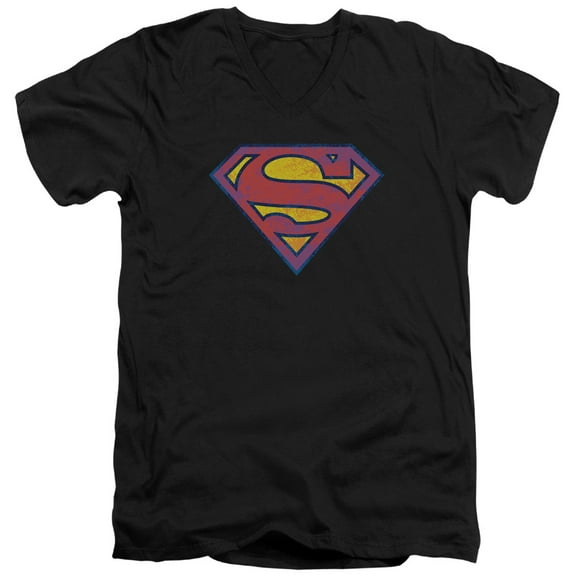 Superman Neon Distress Logo Adult V-Neck T-Shirt Black