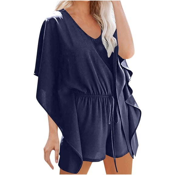 ZHYou Womens Dresses Romper Short Sleeve V-Neck Flowy Wide Leg Drawstring Waist Casual Summer Comfort Dresses,Blue,2XL