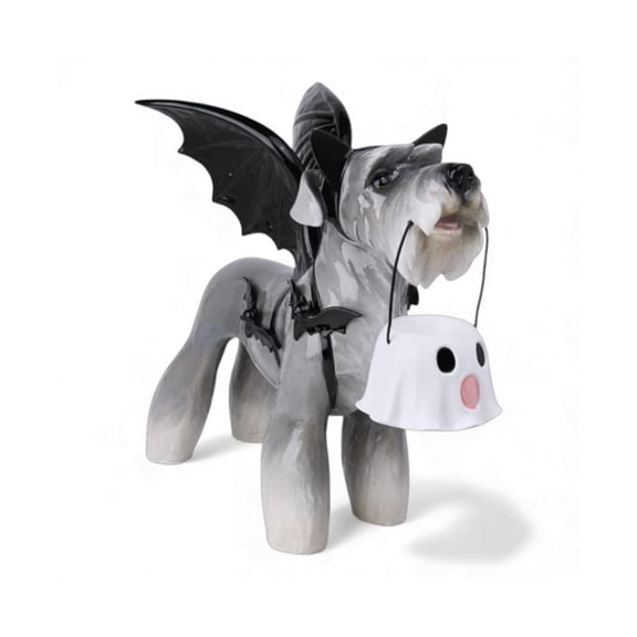 Bats Schnauzer Ghost Bucket Halloween Decor,Fall Animal Statues with Bat Wings & Candy Pail,Dark Style Halloween Tabletop Ornament for Mantel Shelf Home Decoration