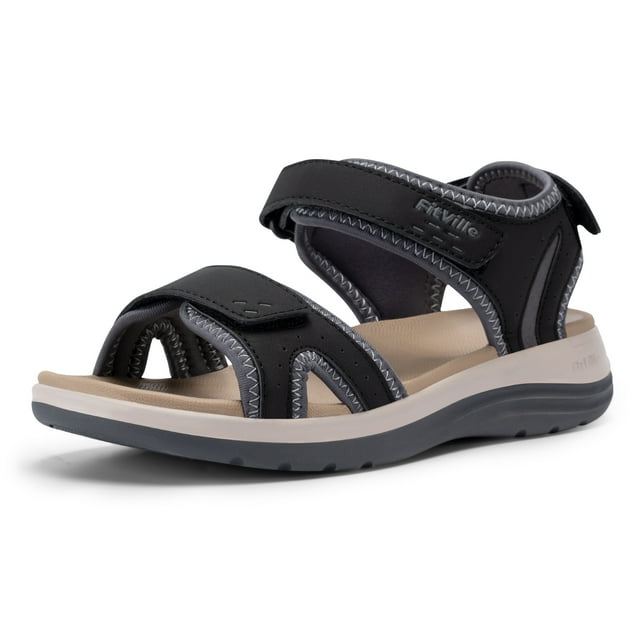 FitVille Women's Wide Arch Support Sandals Adjustable Ankle Strap Flat Sandals For Women