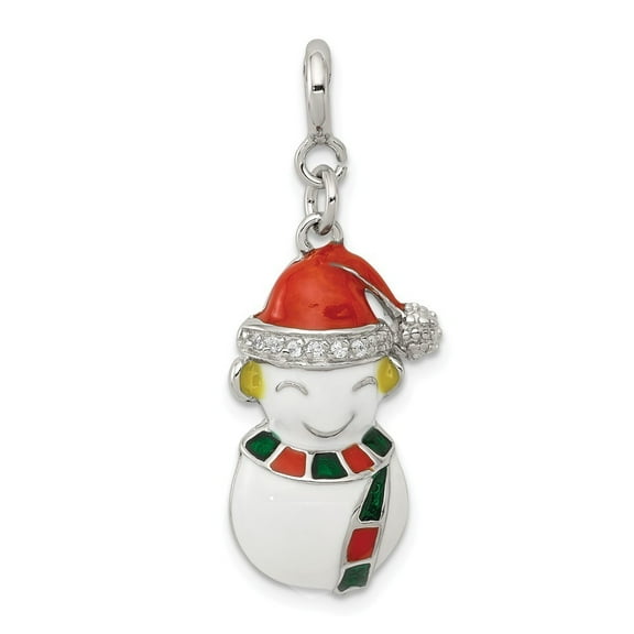Sterling Silver Cubic Zirconia and Enameled Snowman Charm - Measures 32x13mm Wide