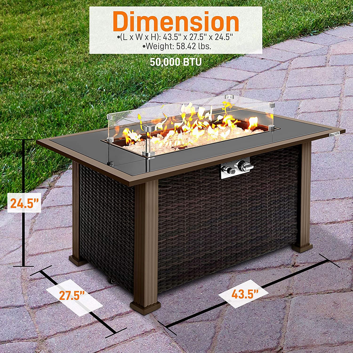Serenelife Outdoor Rattan Propane Fire Pit Table with Glass Guard, Black