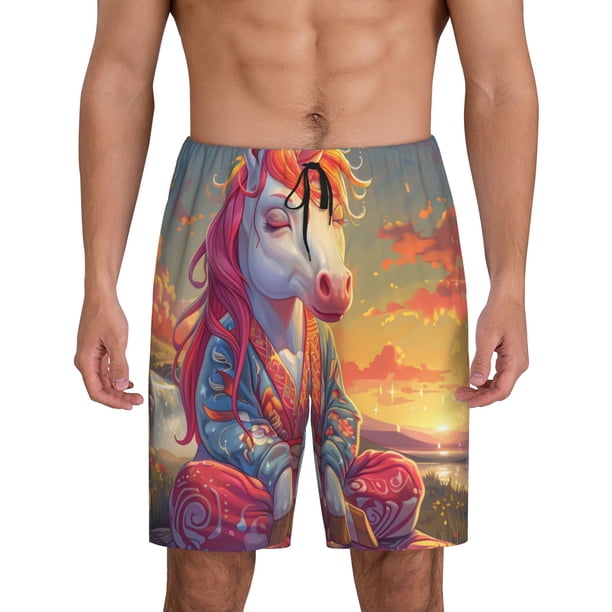 Balery Meditating Cute Horse Pantalones cortos de pijama de punto de algodón para hombre con cinturilla y bolsillos-X-Large